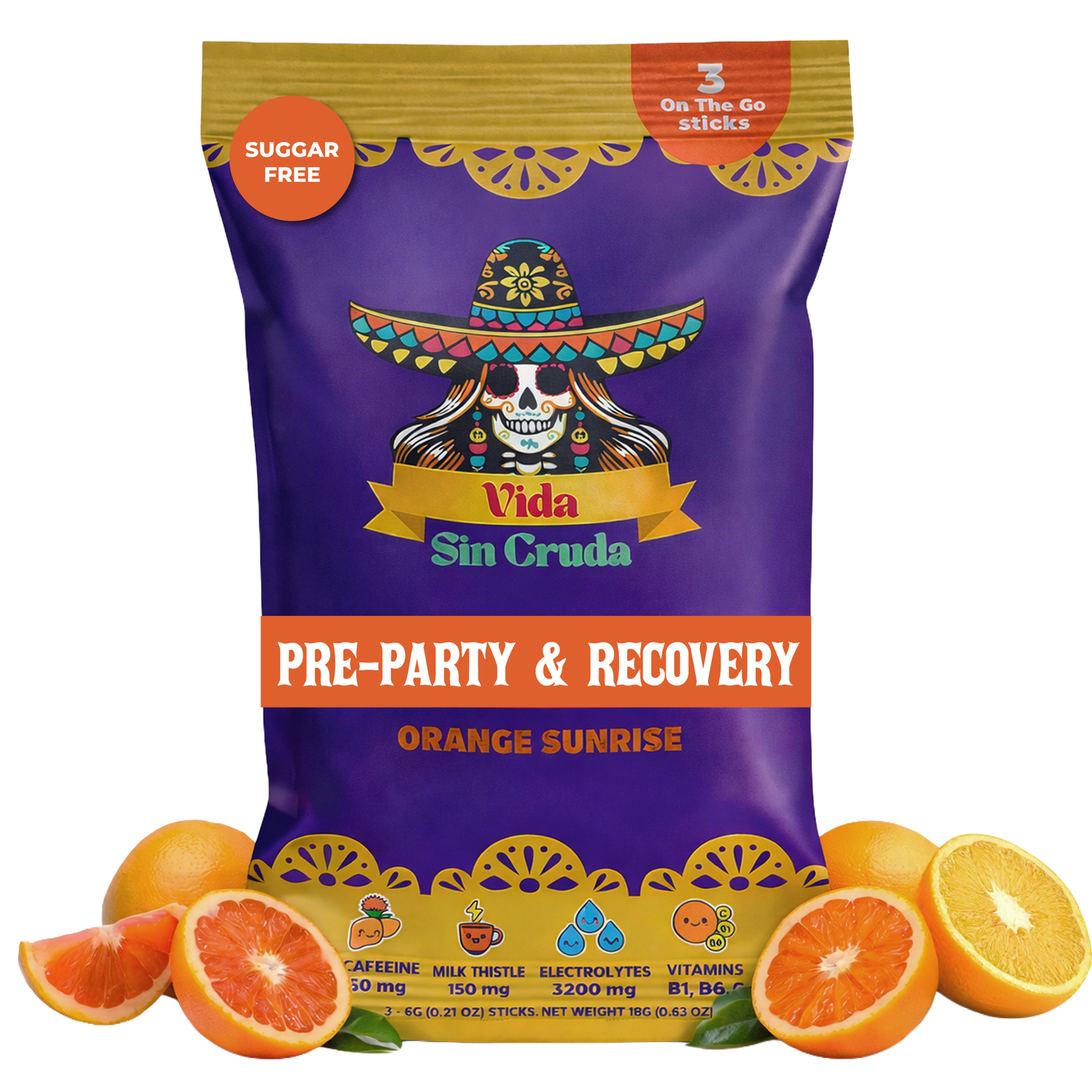 Vida sin cruda, Orange flavor hangover recovery drink with electrolytes and milk thistle, Hydration and energy booster